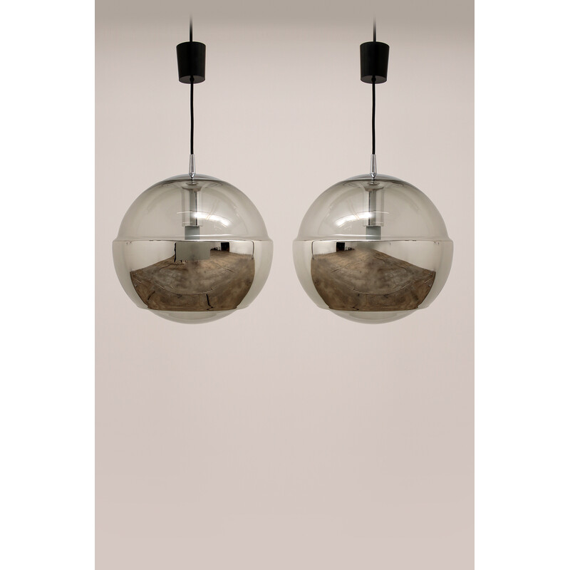 Pair of vintage ''Magic Eye'' pendants lamps in chrome by Peill and Putzler