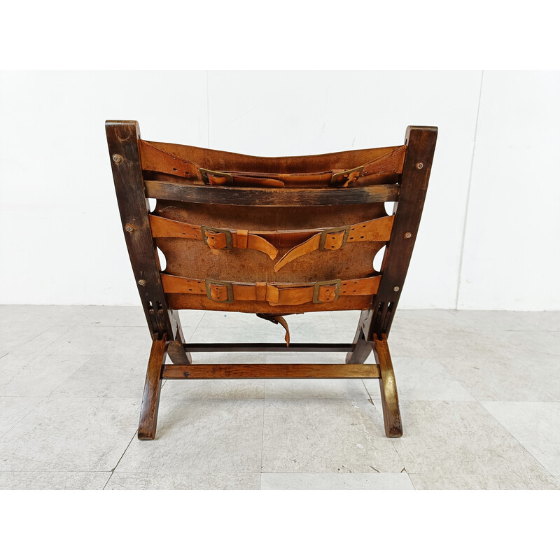 Mid century leather and wood folding armchair, Denmark 1950s