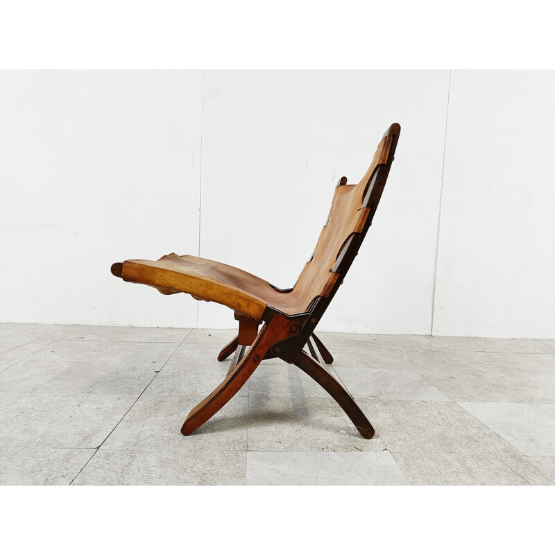 Fauteuil pliant vintage en cuir et bois, Danemark 1950