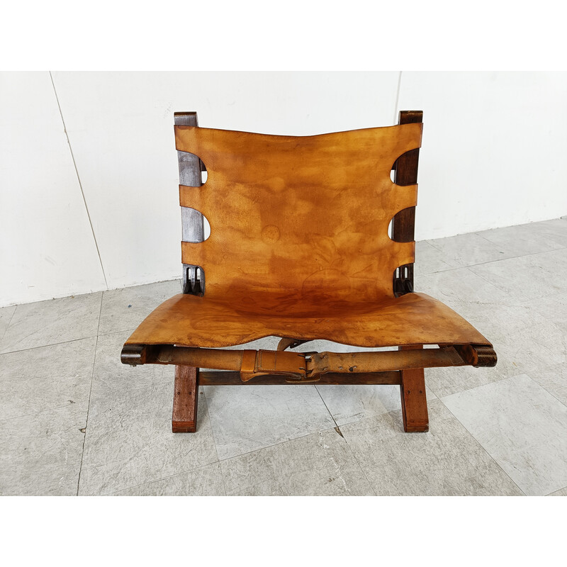 Mid century leather and wood folding armchair, Denmark 1950s