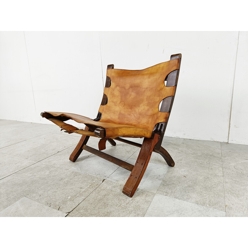 Mid century leather and wood folding armchair, Denmark 1950s