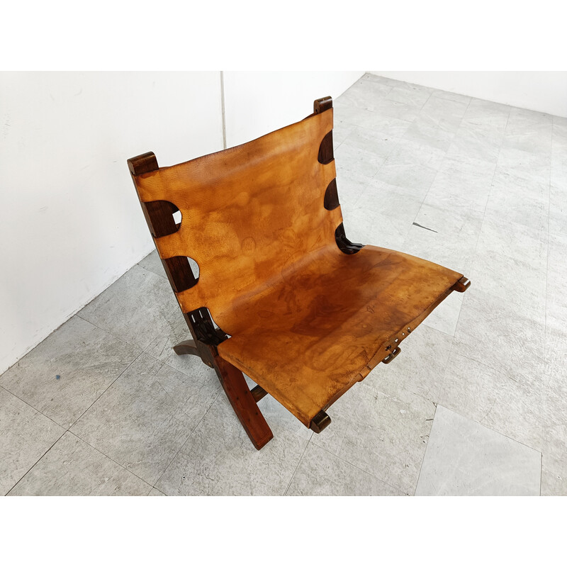 Sillón plegable de cuero y madera de mediados de siglo, Dinamarca Años 50