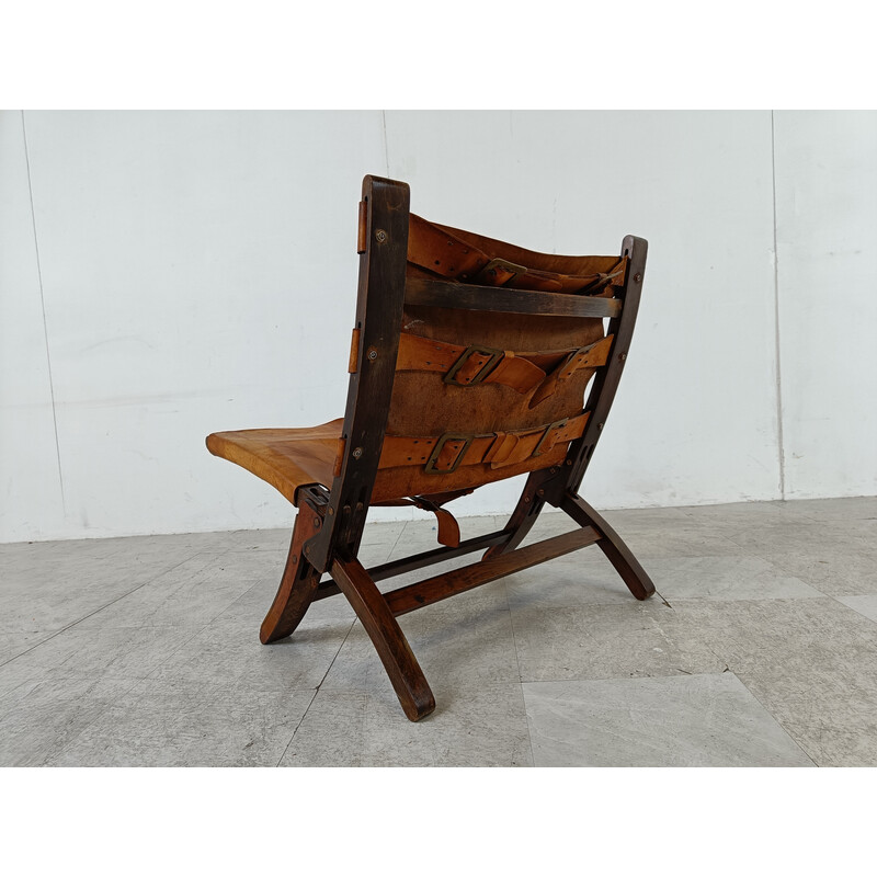 Mid century leather and wood folding armchair, Denmark 1950s