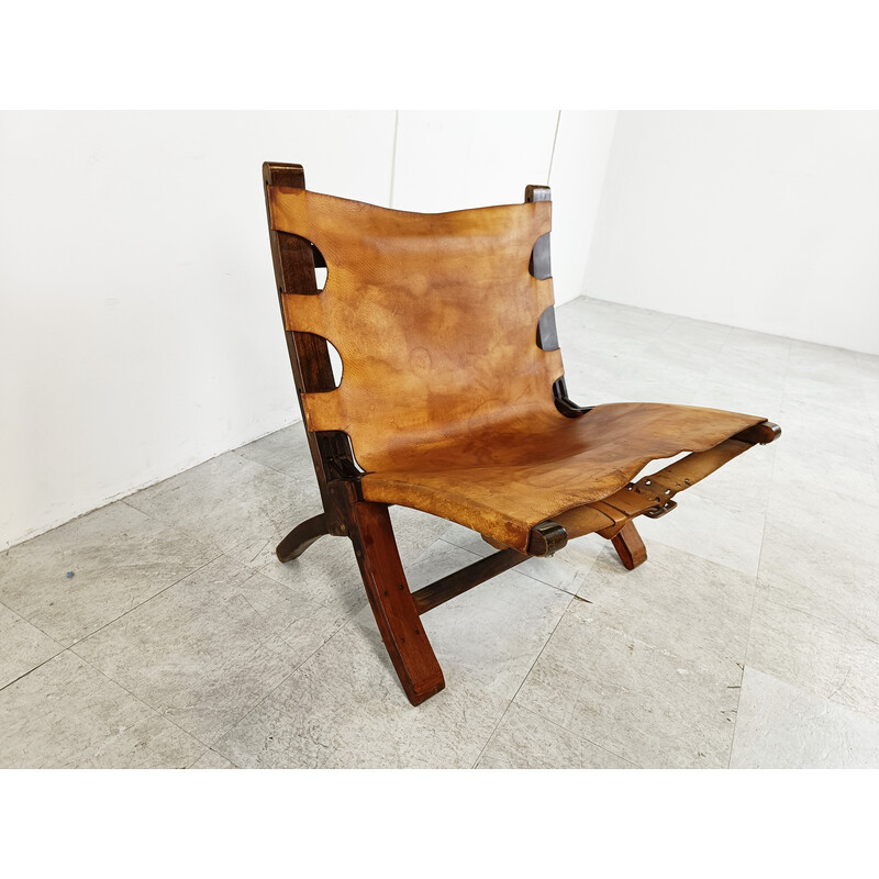 Fauteuil pliant vintage en cuir et bois, Danemark 1950