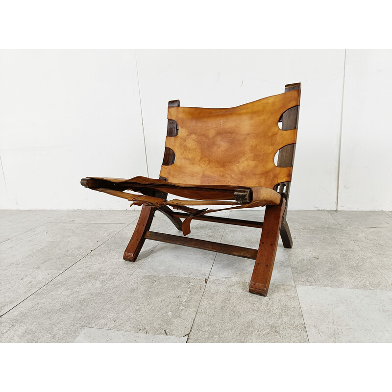 Mid century leather and wood folding armchair, Denmark 1950s