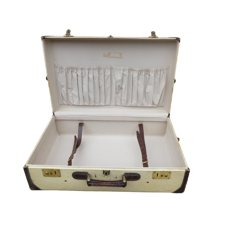 Vintage suitcase in leather and parchment and gilded brass, Italy