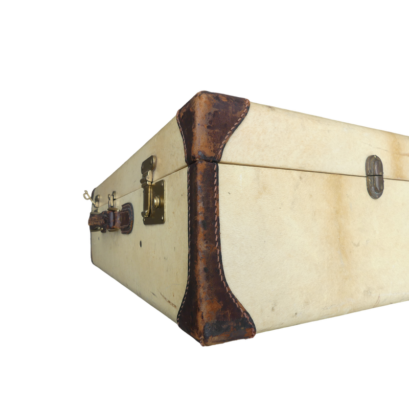Vintage suitcase in leather and parchment and gilded brass, Italy