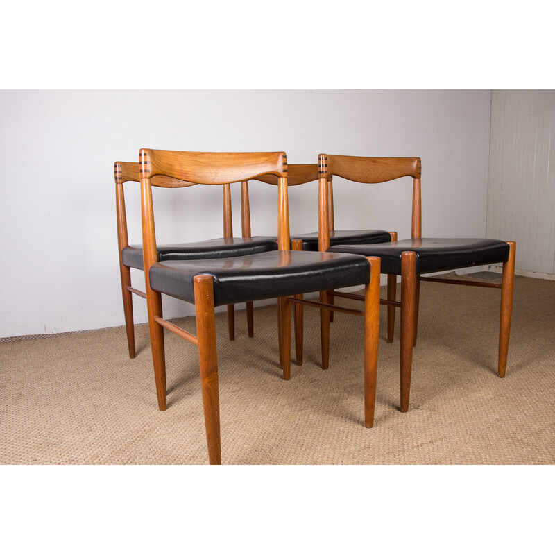 Set of 4 vintage chairs in oakwood and black Skaï by Henry Walter Klein for Bramin, Denmark 1960