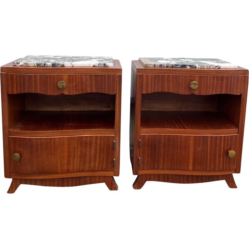 Vintage art deco mahogany and marble night stands, 1930-1940