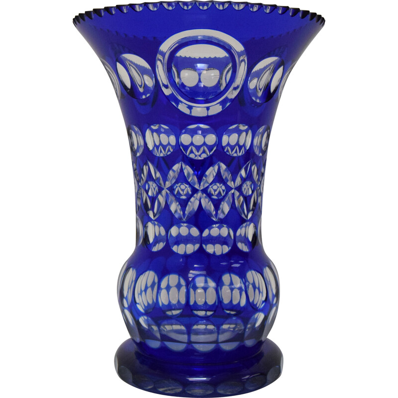 Jarrón vintage de cristal de plomo azul cobalto tallado a mano de Caesar Crystal Bohemiae Co, años 80