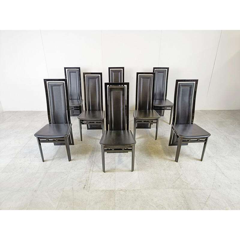 Set of 8 vintage wood and leather chairs by Antonio Sibau, Italy 1980