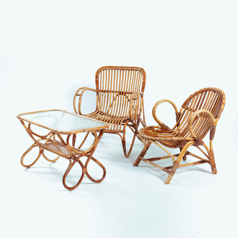 Vintage bamboo rattan garden furniture set by Rohe Noordwolde, 1970