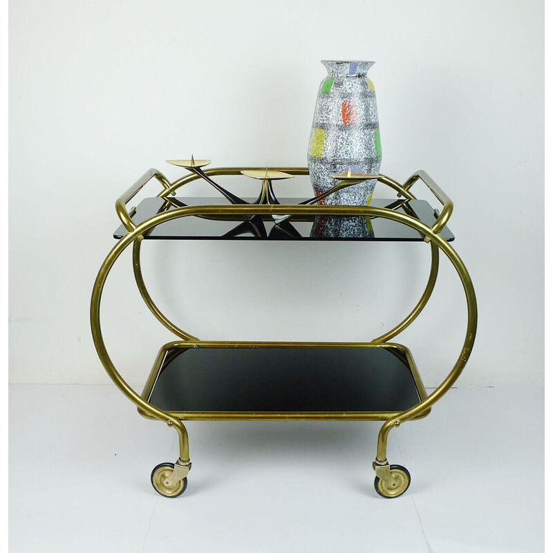 Chariot de service vintage en laiton et verre, 1950