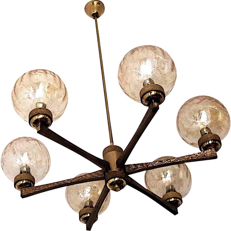 Italian vintage gold-plated brass chandelier with 6 globes by Angelo Brotto for Esperia, 1970s