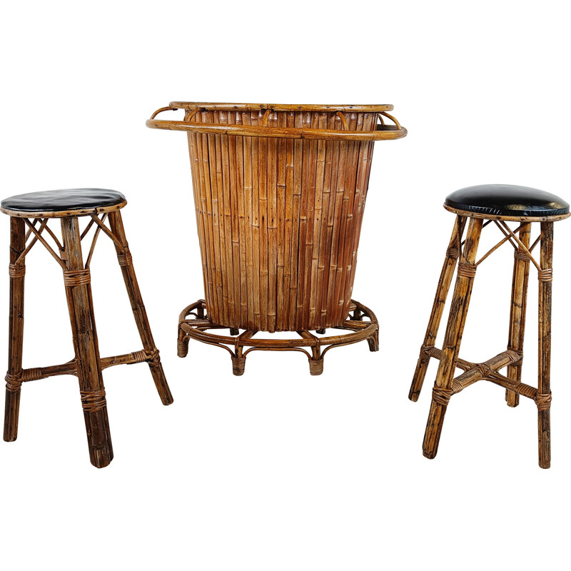 Mid century bamboo Tiki bar with pair of matching stools, France 1960s