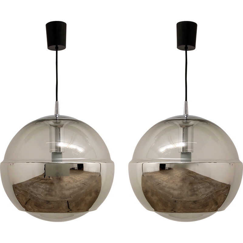 Pair of vintage ''Magic Eye'' pendants lamps in chrome by Peill and Putzler