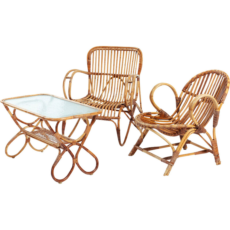 Vintage bamboo rattan garden furniture set by Rohe Noordwolde, 1970