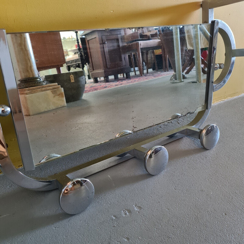 Vintage French chrome wall coat rack with a mirror, 1960s