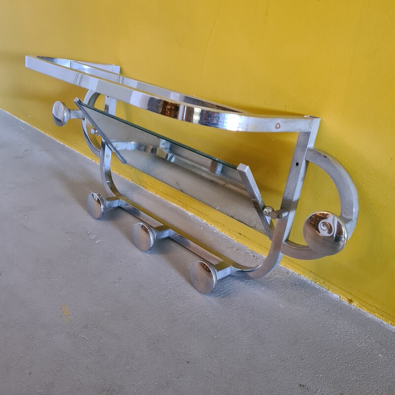 Vintage French chrome wall coat rack with a mirror, 1960s