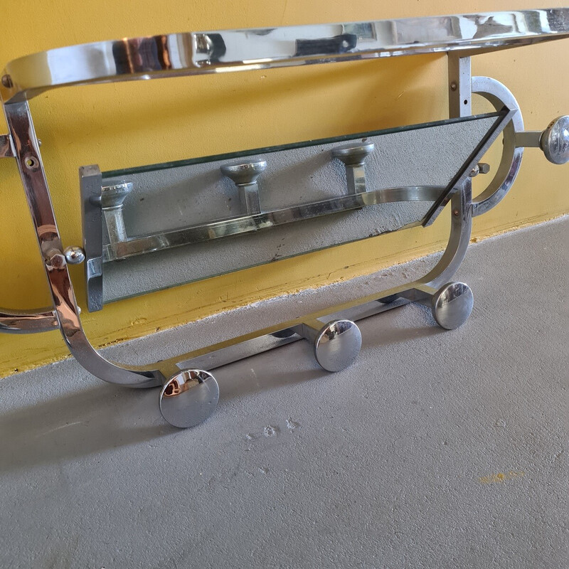 Vintage French chrome wall coat rack with a mirror, 1960s