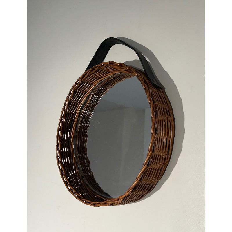 Vintage round mirror in leather and rattan, 1950