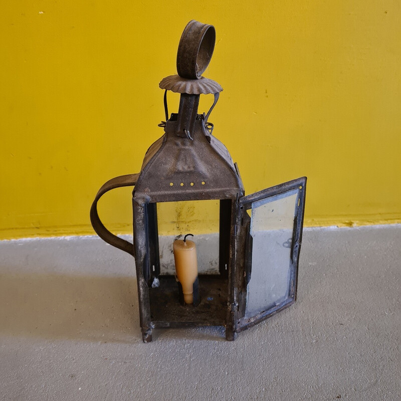 Farol francés vintage de metal para velas de pie, 1900