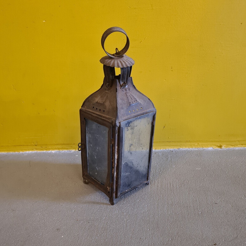 Vintage French metal walking candle lantern, 1900