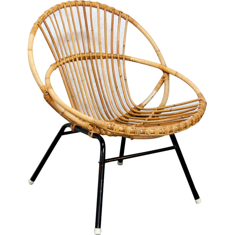 Black rattan and metal shell armchair - 1960s