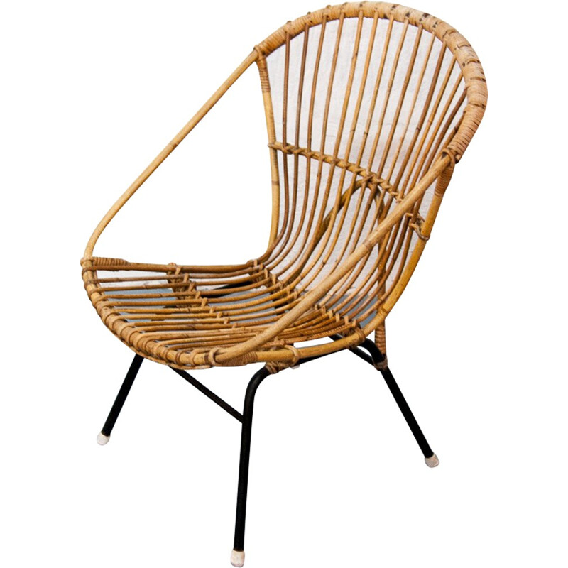 Fauteuil rotin & métal noir ovoïde - 1960