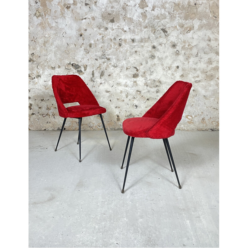 Pair of vintage cocktail chairs in red muslin, 1960-1970