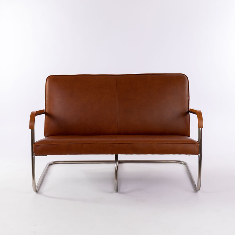 Canapé vintage Bauhaus en cuir et bois de hêtre