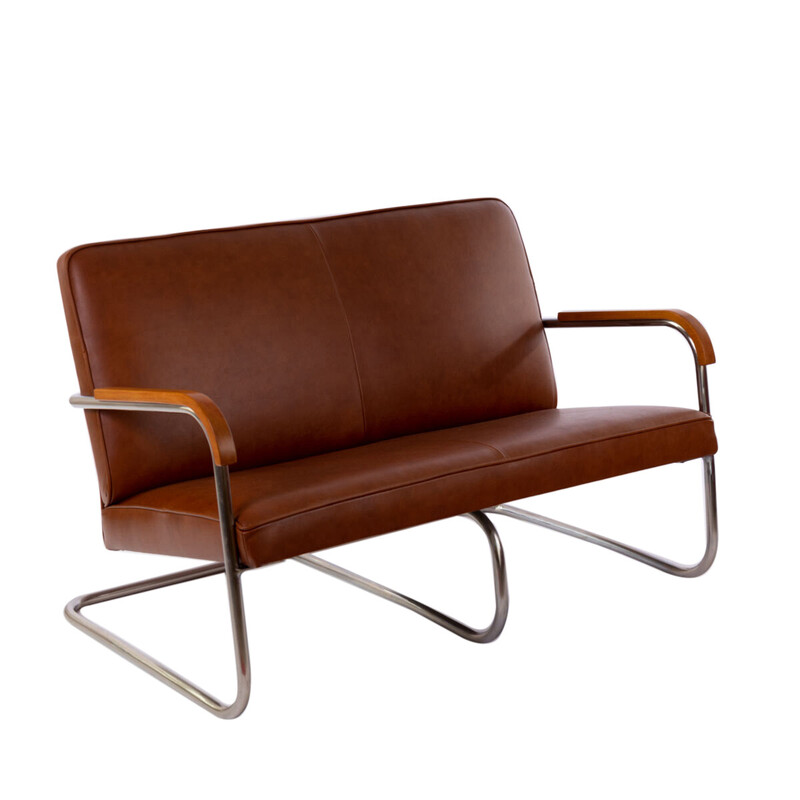 Canapé vintage Bauhaus en cuir et bois de hêtre