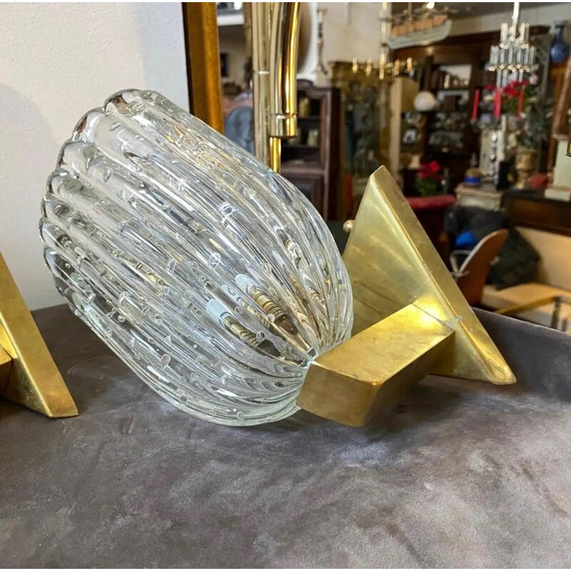 Coppia di lampade da parete vintage Art Deco Barovier bullicante in vetro di Murano e ottone, anni '40