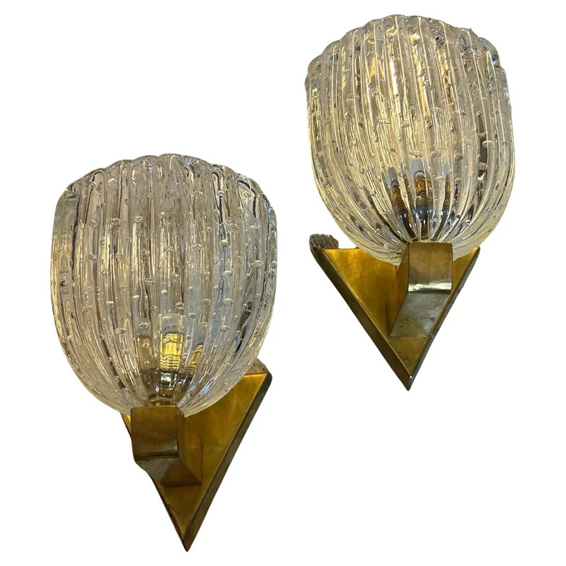 Pair of vintage Art Deco Barovier bullicante Murano glass and brass wall lamps, 1940s