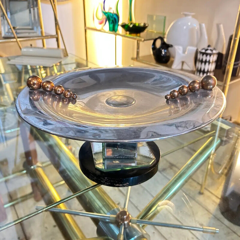 Centre de table italien vintage Art déco en verre miroir et métal chromé, 1930