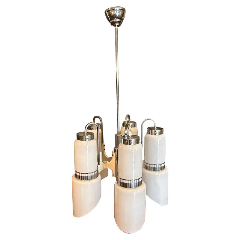 Vintage Space Age white glass and wood chandelier by Gaetano Sciolari, 1970s