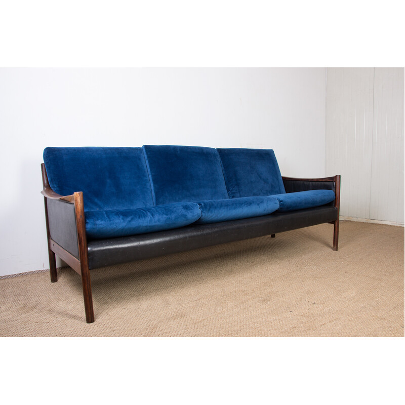 Vintage Danish sofa in rosewood, leather and fabric by Torbjorn Afdal for Bruksbo, 1960