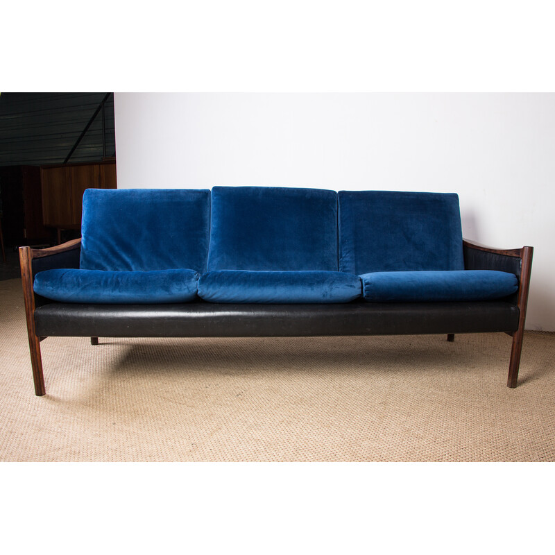 Vintage Danish sofa in rosewood, leather and fabric by Torbjorn Afdal for Bruksbo, 1960