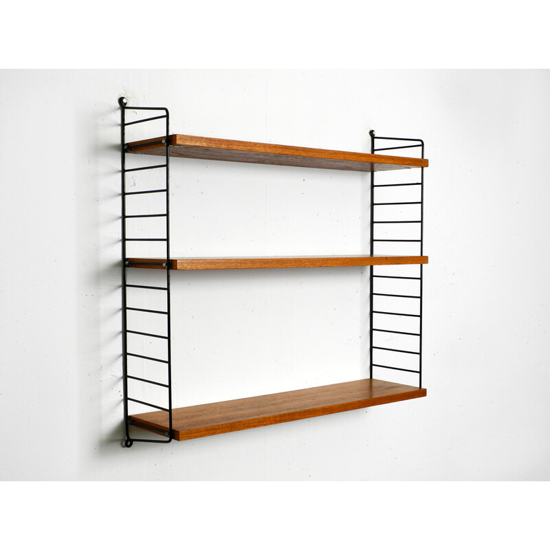 Vintage teak wall hanging shelf with 3 shelves by Nisse Strinning, 1960s