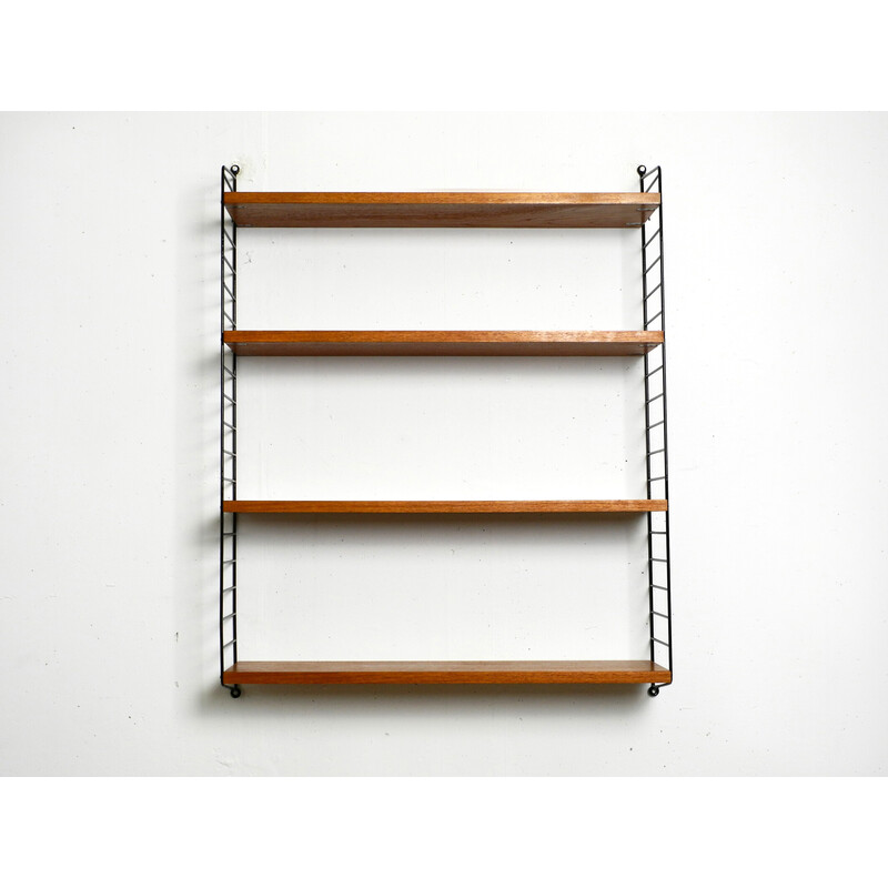 Vintage teak wall hanging shelf with 4 shelves by Nisse Strinning, 1960s