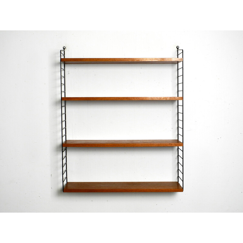 Vintage teak wall hanging shelf with 4 shelves by Nisse Strinning, 1960s