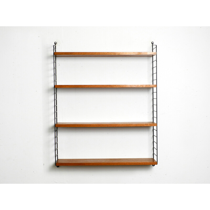 Vintage teak wall hanging shelf with 4 shelves by Nisse Strinning, 1960s