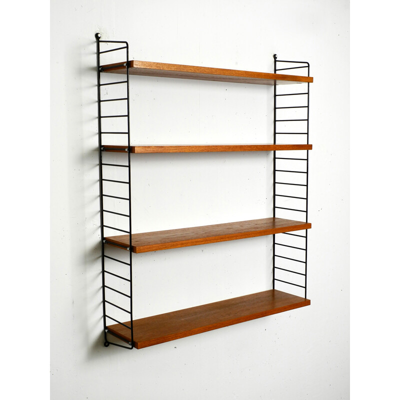 Vintage teak wall hanging shelf with 4 shelves by Nisse Strinning, 1960s