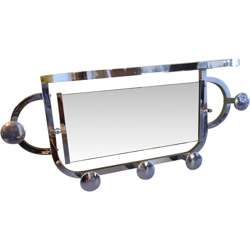 Vintage French chrome wall coat rack with a mirror, 1960s