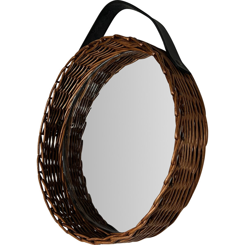 Vintage round mirror in leather and rattan, 1950