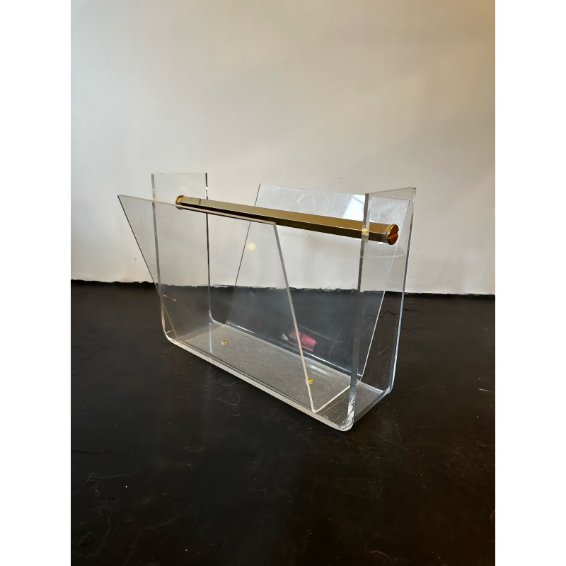 French vintage Space Age acrylic glass and brass magazine rack by David Lange for Roche Bobois, 1970s
