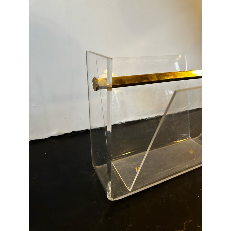 French vintage Space Age acrylic glass and brass magazine rack by David Lange for Roche Bobois, 1970s