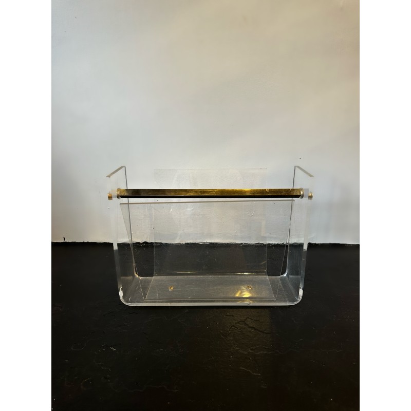 French vintage Space Age acrylic glass and brass magazine rack by David Lange for Roche Bobois, 1970s