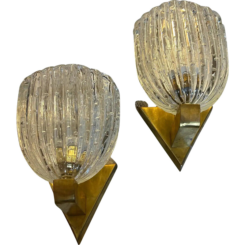 Pair of vintage Art Deco Barovier bullicante Murano glass and brass wall lamps, 1940s