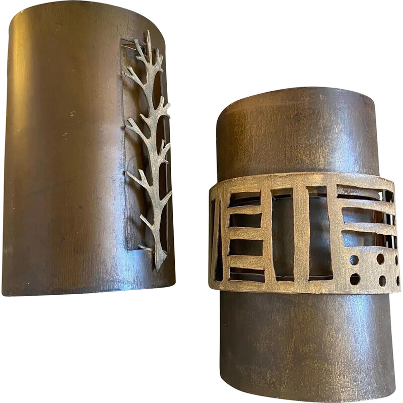 Pair of vintage Brutalist iron Italian wall lamps, 1980s